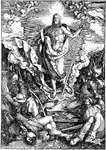 The Resurrection is a woodcut by German artist Albrecht Dürer in 1510. It is part of a series called the "Great Passion". It shows Jesus being resurrected after his death. This woodcut was created by carving an image on a wooden block and rolling ink over that surface and then printing it on paper.
