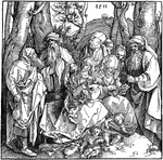 The Holy Family is a woodcut that was creates by Albrecht Dürer in 1511. It depicts Mary and Jesus with other people. A woodcut was created by carving an image on a wooden block and rolling ink over that surface and then printing it on paper.