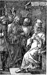 Christ Before Caiaphas is an engraving that was created by German artist Albrecht D&uuml;rer. It is part of a series of engravings called the "Passion". It shows the captured Jesus being brought in front of Caiaphas, who was the chairman of the high courts and connected to the trial of Jesus.