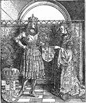 The Emperor Maximilian and his Bride, Mary of Burgundy is a woodcut that was created by German artist Albrecht Dürer. It is part of a series of woodcuts called "Triumphal Arch". A woodcut is created by carving an image on a wooden block and rolling ink over that surface, and then printing it on paper.