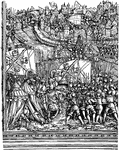 Troops Entering a Town After a Siege is a woodcut that was created by German artist Albrecht D&uuml;rer. It is part of a series of woodcuts called "Triumphal Arch". A woodcut is created by carving an image on a wooden block and rolling ink over that surface, and then printing it on paper.