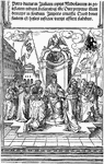 The Investiture of the Duke of Milan is a woodcut that was created by German artist Albrecht D&uuml;rer. It is part of a series of woodcuts called "Triumphal Arch". A woodcut is created by carving an image on a wooden block and rolling ink over that surface, and then printing it on paper.