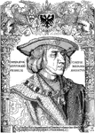 This a woodcut portrait of the Emperor Maximilian. It was created by Albrecht Dürer in 1519. A woodcut is created by carving an image on a wooden block and rolling ink over that surface, and then printing it on