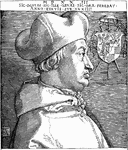 This is an engraved portrait of Cardinal Albrecht of Brandenburg, Germany. He was a cardinal priest of the Holy Roman Church. This portrait was created by German artist Albrecht Dürer.