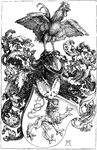 This engraving of the Coat of Arms with the Cock was created by German artist Albrecht D&uuml;rer. It is a type of Renaissance Heraldry art with rooster standing on a helmet with a shield of a lion right below.