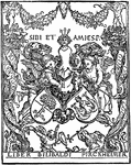 Pirkheimer's bookplate is a woodcut that was created by German artist Albrecht D&uuml;rer. It includes the coat of arms of Pirkheimer (German Renaissance prominent figure) and Rieter (Swiss Textile Manufacturer), drawn before the death of Pirkheimer's wife, Crescentia Rieter in 1504.