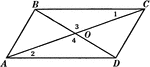 Illustration of a parallelogram with diagonals AC and BD intersecting at point O.