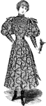 This woman is shown wearing a late 19th century decorative dress that is designed with a scrolling leaf pattern all over.