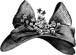 This lady's large hat is curved to the shape of the head with a ribbon and small plant leaves in the center.