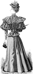 This lady's afternoon dress has a top that is designed with a floral print. It it includes a hat that is designed with flowers and a bow tied in the back.