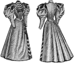 This late 19th Century Dress is shown front and back. It is designed with puffed sleeves and a bow on the chest. The skirt part of the dress has a slit on the side tied with three bows.