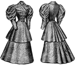 This double breasted coat and skirt is a late 19th century design with puffed sleeves. It is shown front and back.