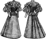 This coat and skirt is a late 19th century design with puffed sleeves. It is shown front and back.