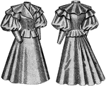 This late 19th Century misses outfit is shown in its front and back view. It is comprised of a double breasted jacket that has puffed sleeves, and a long flared skirt.
