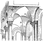"Medieval Groins in early 12th century vaulting. A, A, groins. GROIN. In architecture, the curved intersection or arris of simple vaults crossing each other at any angle." -Whitney, 1911