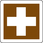 This sign is used to indicate that a first aid station is located nearby.