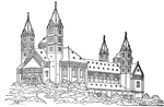 Line drawing of a large Romanesque church. The illustration is similar to the Imperial Cathedral Basilica of the Assumption and St Stephen in Speyer, Germany, although it differs in some details. The original source <em>(Winston's Encyclopedia)</em> incorrectly identifies the structure as the "Cathedral of Worms."