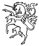 The unicorn is a mythological creature usually depicted as a white horse with a slender horn atop its head.