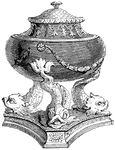 This vase is an antique design, Greek or Roman. Held on a pedestal of fish, it was richly designed by famous potter Josiah Wedgwood.