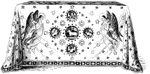 This fair linen cloth is intended to cover a communion table. The design on this cloth shows a lamb in the center that is surrounded by the evangelists.