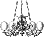 This gas chandelier is an Italian design with scrolls and grotesque marks (strange design).