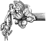 This cornice pole-end is a British design in a floral style. It has a figure and bunches of hops in the design.