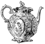 This teapot is part of a tea service set. It is designed with chased silver, and medallions with different figures around the center body of the teapot.