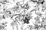 This silk fabric shows a design of groups of flowers, fern leaves and trails of ivy.