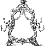 This toilet mirror is made out of silver and includes six branches of candle holders. The style is a Louis the 15th, with flowers, birds and squirrels.