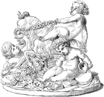 This sculpture shows children and goats. It is made out of parian marble.