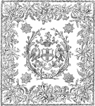 This damask napkin has a design of a floral border and garland center.