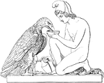 This sculpture depicts Ganymede feeding an eagle. Ganymede is a prince from Greek mythology.