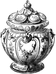 This covered vase is decorated in a floral and leaf design.