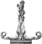 This sculpture depicts two mermaids at the base, a small figure in the center and a lion holding a shield on the very top.