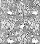 This table cover is designed in a damask figured pattern (type of weaving). The style is flowers and leaves.