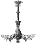 This chandelier is designed is in the Renaissance style. It is a ceiling mounted light fixture.