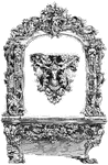 This console table with bracket is framed with foliage. The bracket is also designed with foliage and an animal head. It is used for decorative purposes.