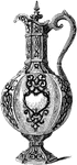 This claret jug is made out of silver and decorated with enamel.