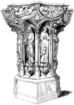 This baptismal font is made out of terracotta in a Gothic style. It is used during a baptismal ceremony in the Christian religion.