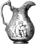 This jug has a design that depicts a young Bacchanal (Greek God of Wine) drinking the juice of the grape.