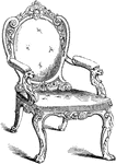 This chair has a simple scroll design around the edges. It has animal heads on the front ends of the arm rests and a human head on the top back of the chair.
