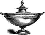 This tureen is made out of silver and engraved in a Grecian style. It is used to serve soups and stews.