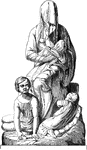 The Bashful Beggar sculpture is an Austrian design. It depicts a veiled woman with her children begging.