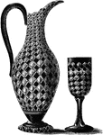 This jug and goblet are designed in a Grecian shaped ruby glass. They are cut in sunken diamond shapes.