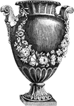 This vase has handles and has a floral wreath design hanging from its rim to its base.