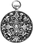 This pocket watch has a unique design of a figure head in the center and scrolls of leaves all around. The circular handle at the top of the watch allows it to be attached to a waistcoat, lapel or belt loop using a chain.