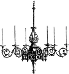 This chandelier is made out of brass and holds six candlesticks.