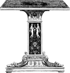 This table is designed in a Grecian style. It has a square top and its pedestal is engraved with two female figures. Its base has an animal head design on each end.