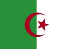 Color flag of Algeria. Two equal vertical bands of green (hoist side) and white; a red, five-pointed star within a red crescent centered over the two-color boundary.