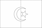 Black and white outline flag of Algeria. Two equal vertical bands of green (hoist side) and white; a red, five-pointed star within a red crescent centered over the two-color boundary